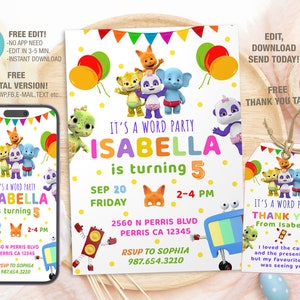 Modèle modifiable d'invitation d'anniversaire de fête de mot, invitations de fête d'anniversaire imprimables, carte numérique d'invitation de fête d'anniversaire d'anniversaire