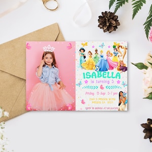 Bearbeitbare Foto Prinzessin Geburtstagseinladung Vorlage, druckbare Geburtstagseinladungen, digitale Kinderparty einladen, Evite Bday Karte