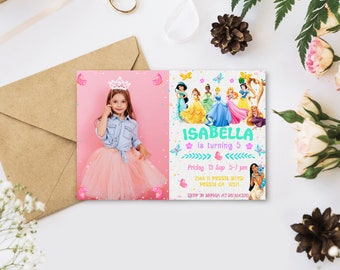 May include: A pink and blue birthday invitation with a picture of a girl wearing a pink tutu and a crown. The invitation says "Isabella is turning 5" and includes the date, time, and location of the party.