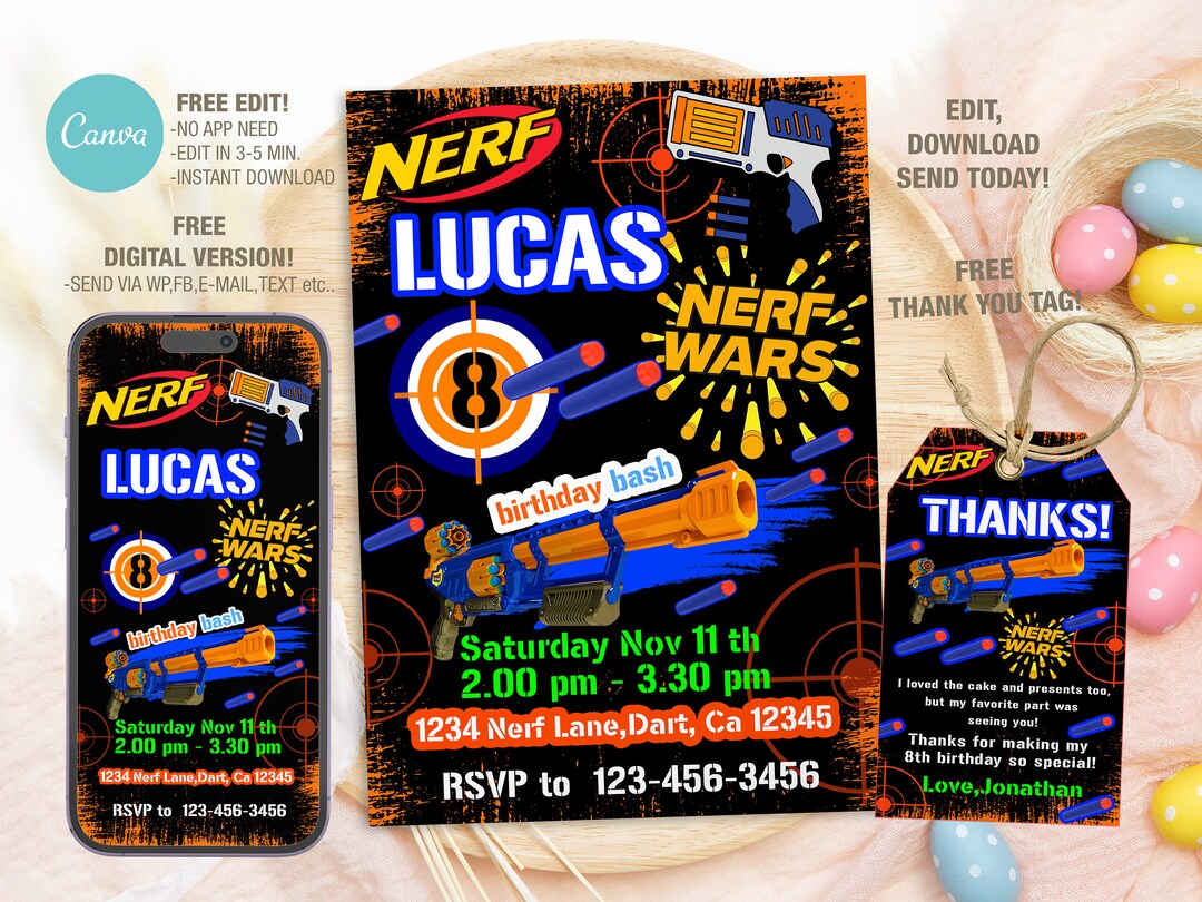 Kids Editable Nerf Birthday Invitation Template, Printable Birthday ...