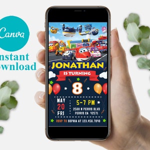 Bewerkbare mobiele Super Wings-verjaardagsuitnodigingssjabloon, uitnodigingen voor verjaardagsfeestje, digitale kinderfeestje, Evite verjaardagskaart