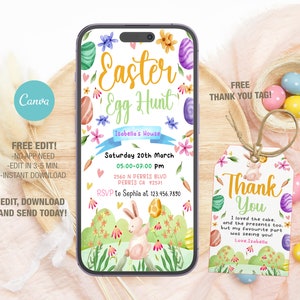 May include: A printable Easter egg hunt invitation with a cute bunny rabbit and colorful eggs. The invitation is designed to look like a smartphone screen and includes the text "Easter Egg Hunt" and "Isabella's House". A thank you tag is included with the text "Thank You" and "I loved the cake and the presents too, but my favourite part was seeing you! Love.Isabella".