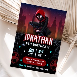 Modèle modifiable d'invitation d'anniversaire Miles Morales, invitations de fête d'anniversaire imprimables, carte numérique d'invitation de fête d'anniversaire