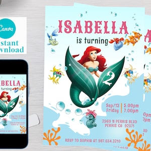 Modèle d'invitation d'anniversaire modifiable Ariel la petite sirène pour enfants, invitations de fête d'anniversaire imprimables, modèle numérique d'invitation de fête d'enfants