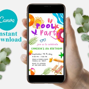 Modello mobile modificabile di invito di compleanno per festa in piscina, inviti per feste di compleanno, invito per feste digitali per bambini, biglietto di compleanno Evite