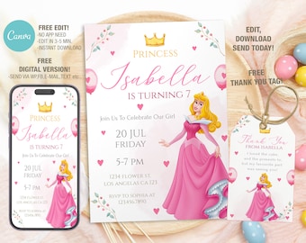 Modèle modifiable d'invitation d'anniversaire de princesse Aurora, invitations de fête d'anniversaire imprimables, carte d'anniversaire numérique d'invitation de fête d'anniversaire