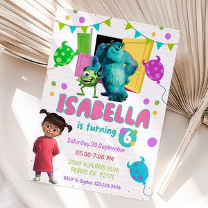 Modello modificabile di invito di compleanno di Monsters Inc, inviti per feste di compleanno stampabili, invito a una festa di compleanno digitale, biglietto di invito di compleanno