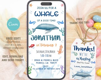 Whale Birthday Invitation Template, Ocean Party, Evite Bday Card (Digital File)