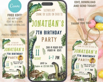 Plantilla editable de invitación de cumpleaños de reptil móvil, invitaciones a fiestas de cumpleaños, invitación a fiestas digitales para niños, descarga instantánea de tarjeta Evite Bday