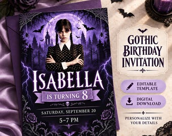 Modèle d'invitation d'anniversaire modifiable pour le mercredi, invitations imprimables pour une fête d'anniversaire sur le thème de Mercredi Addams, carte d'invitation d'anniversaire numérique