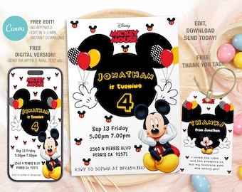 Modèle modifiable d'invitation d'anniversaire Mickey, invitations de fête d'anniversaire imprimables, modèle numérique d'invitation de fête d'enfants, garçons et filles d'invitation