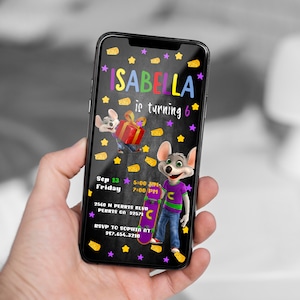 Bewerkbare sjabloon Chuck E Cheese mobiele verjaardagsuitnodiging, uitnodigingen voor verjaardagsfeestje, digitale kinderfeestje, Evite verjaardagskaart
