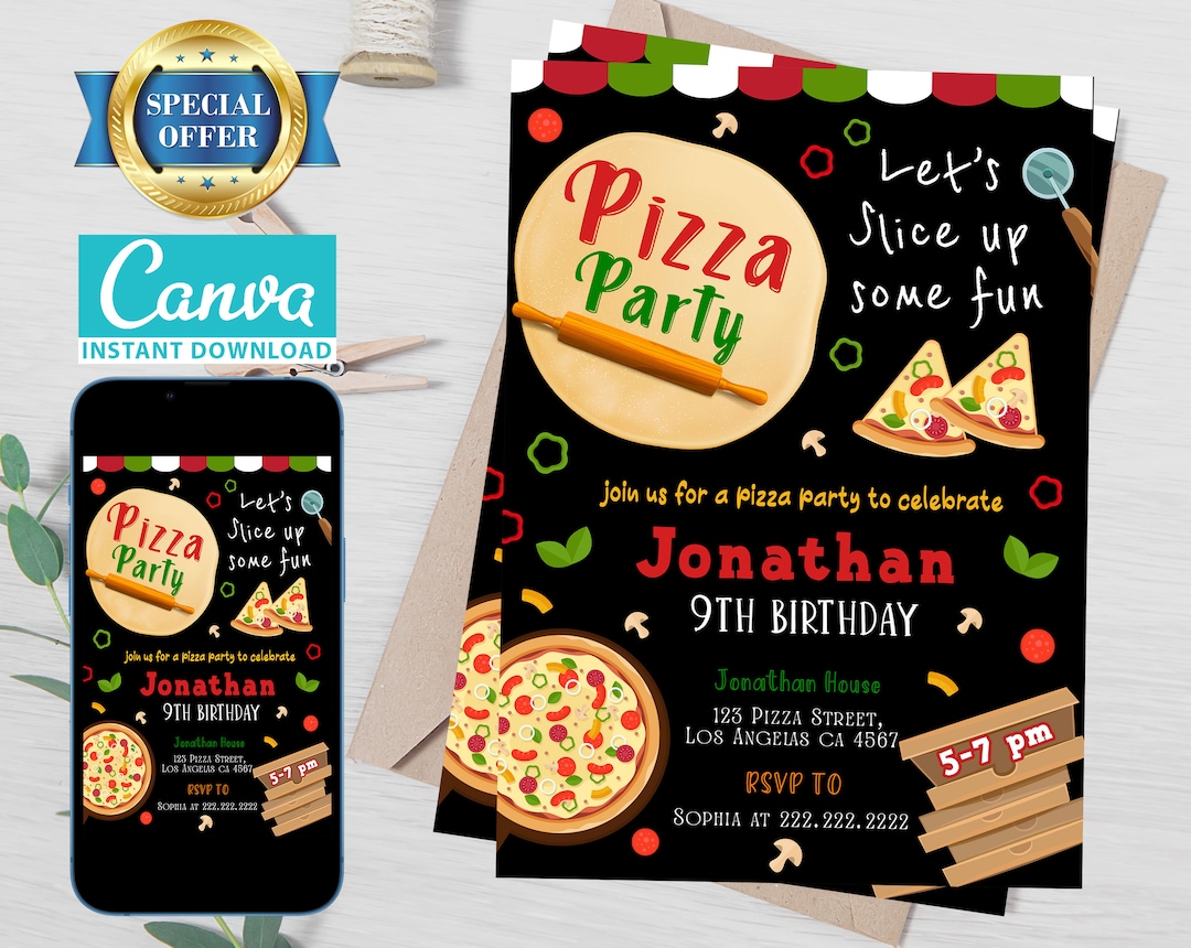 Editable Pizza Party Birthday Invitation Template, Printable Birthday ...