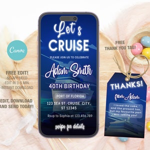 Modèle d'invitation d'anniversaire mobile croisière modifiable, invitations de fête d'anniversaire, invitation numérique à une fête, carte d'anniversaire Evite