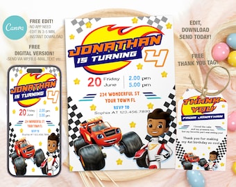 Editable Blaze and the Monster Machines Birthday Invitation Template, Printable Birthday Party Invitations, Digital Party Invite Bday Card