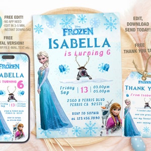 Modello modificabile di invito di compleanno Frozen, inviti per feste di compleanno stampabili, invito a una festa digitale, biglietto di compleanno con download istantaneo
