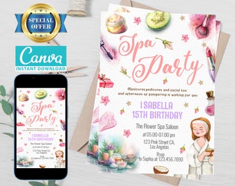 Editable Spa Party Birthday Invitation Template, Printable Birthday Party Invitations, Digital Bday Party Invite Template Bday Card