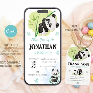 Modèle mobile d'invitation d'anniversaire panda modifiable, invitations de fête d'anniversaire, invitation numérique de fête d'enfants, carte d'anniversaire Evite