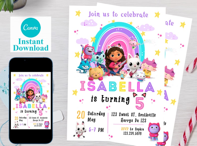 Editable Gabbys Dollhouse Birthday Invitation Template, Printable Birthday Party Invitations, Digital Bday Party Invite, Invite Bday Card image 3