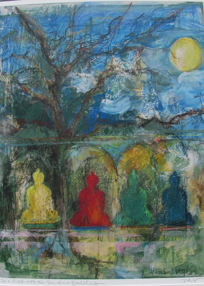 Dharma Art In a Field with the Sunshine Buddhas 20x26 print image 3