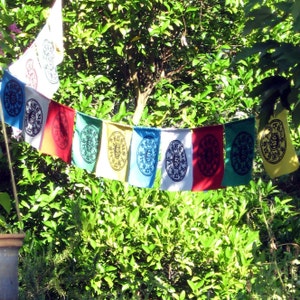 Dharma Prayer Flags with Tibetan Compassion Mantra / string of 10 silkscreened flags image 4