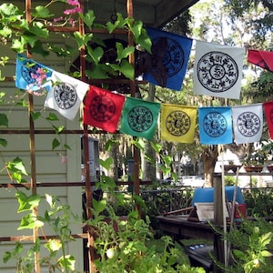 Dharma Prayer Flags with Tibetan Compassion Mantra / string of 10 silkscreened flags image 1