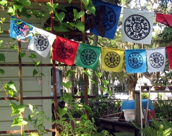 Dharma Prayer Flags with Tibetan Compassion Mantra / string of 10 silkscreened flags