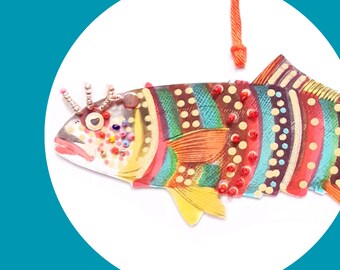Original collage fish, wall decor, hand made embroidered, small gift, lucky charm