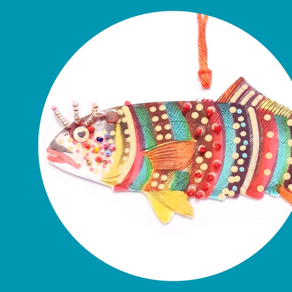 Original collage fish, wall decor, hand made embroidered, small gift, lucky charm