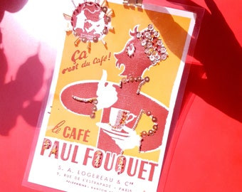 Buvard publicitaire vintage, blotting paper, illustration brodée à la main, le café Paul Fouquet, décoration à suspendre, cadeau pour elle