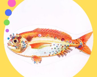 Original illustration embroidered fish, wall decoration, to offer