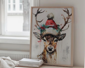 Christmas Reindeer, Still Life Painting, Rustic Christmas Art, Christmas Wall Decor Printable, Vintage Holiday Art, Water Color Art Print