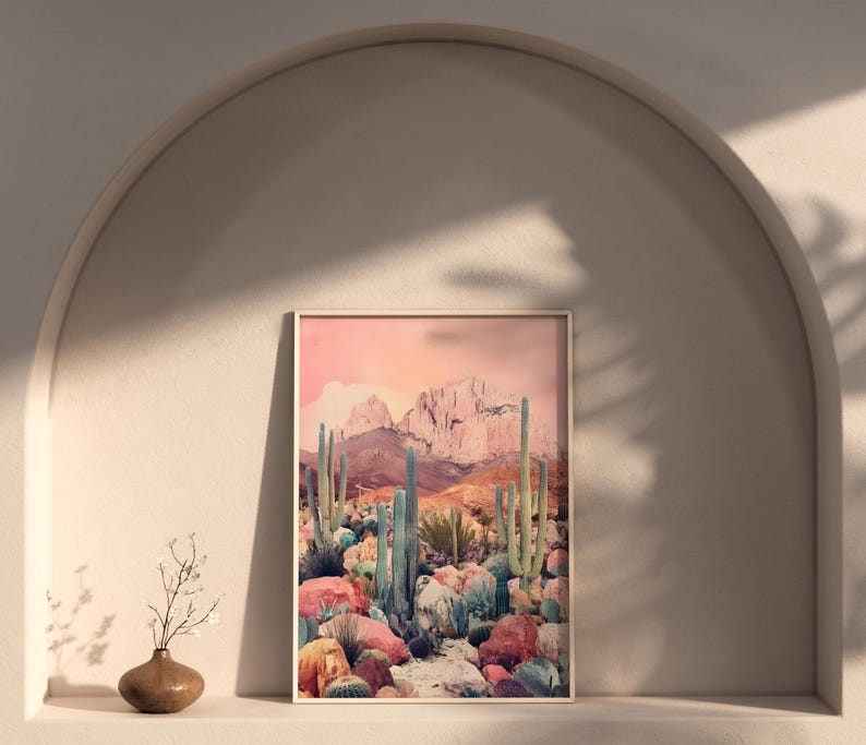 Desert Wall Art Print - Boho Cactus Landscape, Southwest Pink Mountain ...