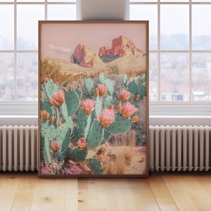 Desert Wall Art Print, Boho Cactus Landscape, Southwest Pink Mountain Decor, Mid-Century Modern Botanical aesthetic Poster, Digital Download