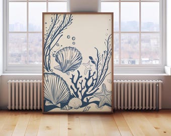 海岸の貝殻を使ったウォールアート、海の線画、ビーチハウスの装飾、デジタルダウンロード