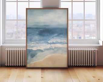 海岸の抽象的なウォールアート、オーシャンビーチプリント、ミニマリストの青い海の景色、ビーチハウスの装飾、トレンディなポスター、デジタルダウンロード