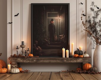 Spooky Halloween Art Print, Vintage Gothic Trick or Treater Wall Decor, Vintage Horror Aesthetic, Dark Cottagecore Halloween Poster