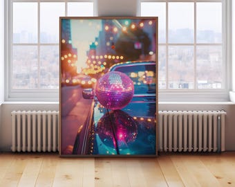 Väggkonsttryck med discokula, retrofotografi med stadsljus, neonglamorös bildekor, estetisk utskrivbar affisch med 80-talsmotiv, digitaltryck