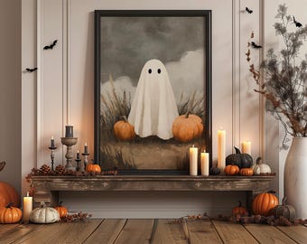 Vintage Geist Halloween Wandkunst, Kürbis Patch gruseligen Druck, gemütliches gruseliges Halloween Poster, rustikale Herbst Dekoration, digitaler Download