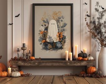 Minimalist Halloween Print with Fall Foliage, Cute Ghost Halloween Wall Art, Kids Halloween Poster, Cozy Spooky Digital Download