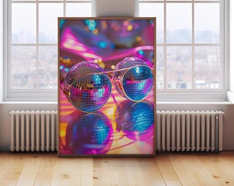 Disco Ball Sunglasses Wall Art Print, Retro Neon Photography Poster, Funky 70s 80s Aesthetic Decor, Colorful Party Vibes Digital Download
