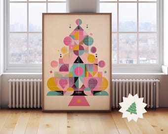 レトロなクリスマスツリーのプリント、ボヘミアン風クリスマスデコレーション、ミッドセンチュリーモダンホリデーウォールアート、トレンディな幾何学模様のクリスマスポスター、デジタルダウンロード