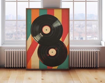 Op de afbeelding: Een vintage poster met twee zwarte vinyl platen op een achtergrond van kleurrijke strepen in rood, oranje, geel, groen en blauw.