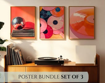 Retro Musik Poster, 3er-Set Musik Wand Kunst Drucke, Disco Ball und Schallplatte Bundle, Bunte Galerie Wand Dekoration, Funky Digitaler Download