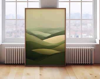 抽象的な緑の山の壁アート、ミニマリストの風景プリント、美しい室内装飾、カラフルなボヘミアンポスター、デジタルダウンロード印刷可能