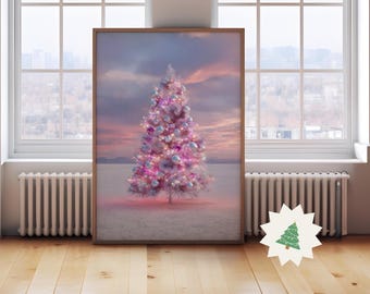 レトロなピンクのクリスマスツリープリント、トレンディなクリスマスデコレーション、モダンなカリフォルニアのホリデーウォールアート、ファンキーなレトロなクリスマスポスター、デジタルダウンロード