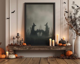 Affiche de la fête du thé de la sorcière, impression numérique vintage de sorcières fantasmagoriques d'Halloween, art mural sorcellerie gothique, esthétique de sorcière rustique