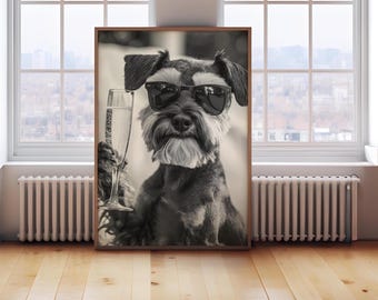 May include: A black and white photo of a small dog wearing sunglasses and holding a glass of champagne. The dog is looking directly at the camera.