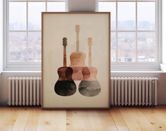 Väggkonst med akustisk gitarr, vintagemusikposter, akvarell gitarrsilhuett, trendig dekor, digital nedladdning, stortryck - DIY-konst