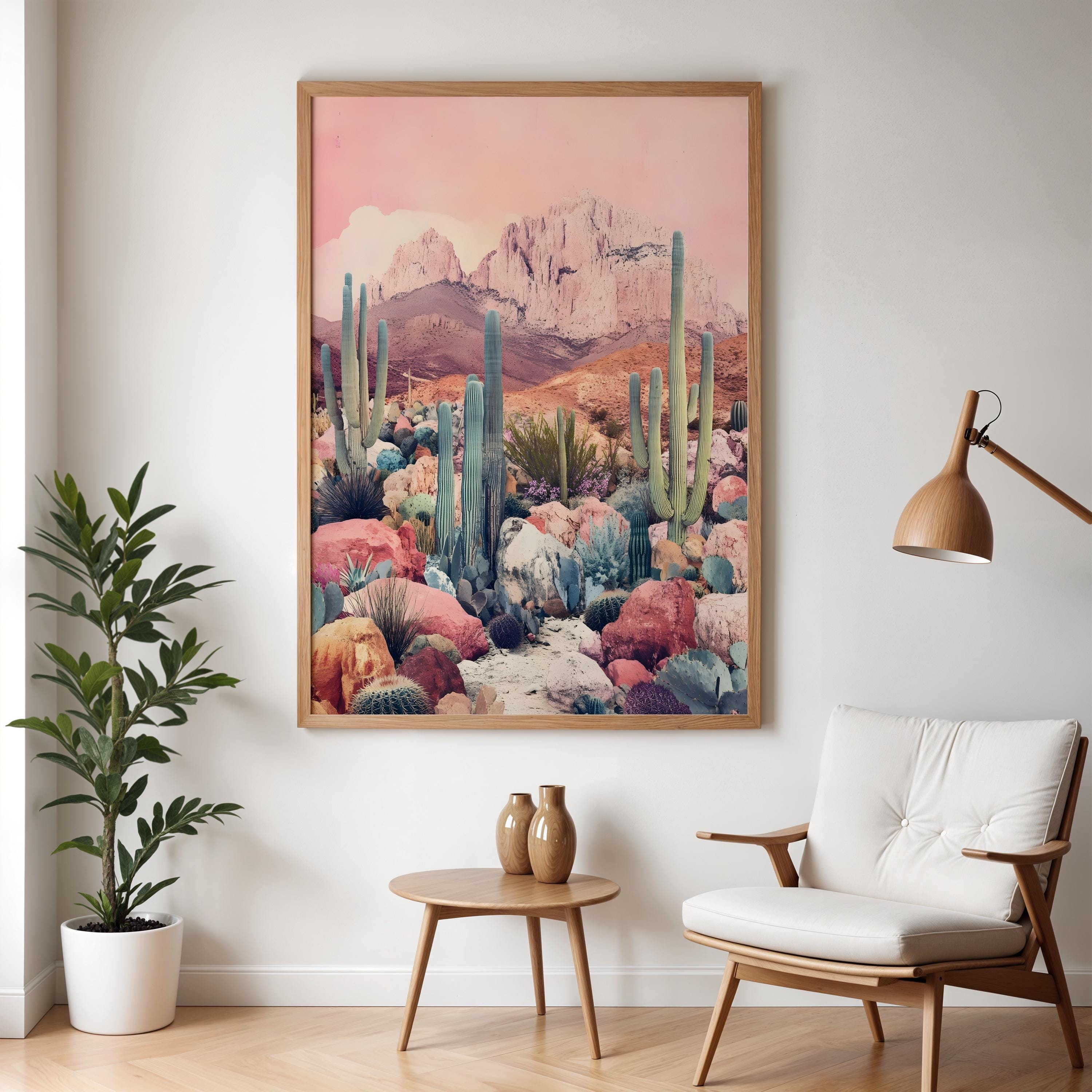 Desert Wall Art Print - Boho Cactus Landscape, Southwest Pink Mountain ...